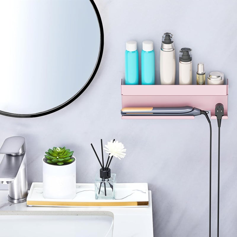 Oukimly Store حامل مجفف الشعر للتخزين لملحقات مكواة التجعيد، منظم أدوات الشعر للتثبيت على الحائط، حامل مكواة التجعيد، حامل مكواة الشعر في الحمام لملحقات مصفف الشعر، ذهب وردي - Image 4